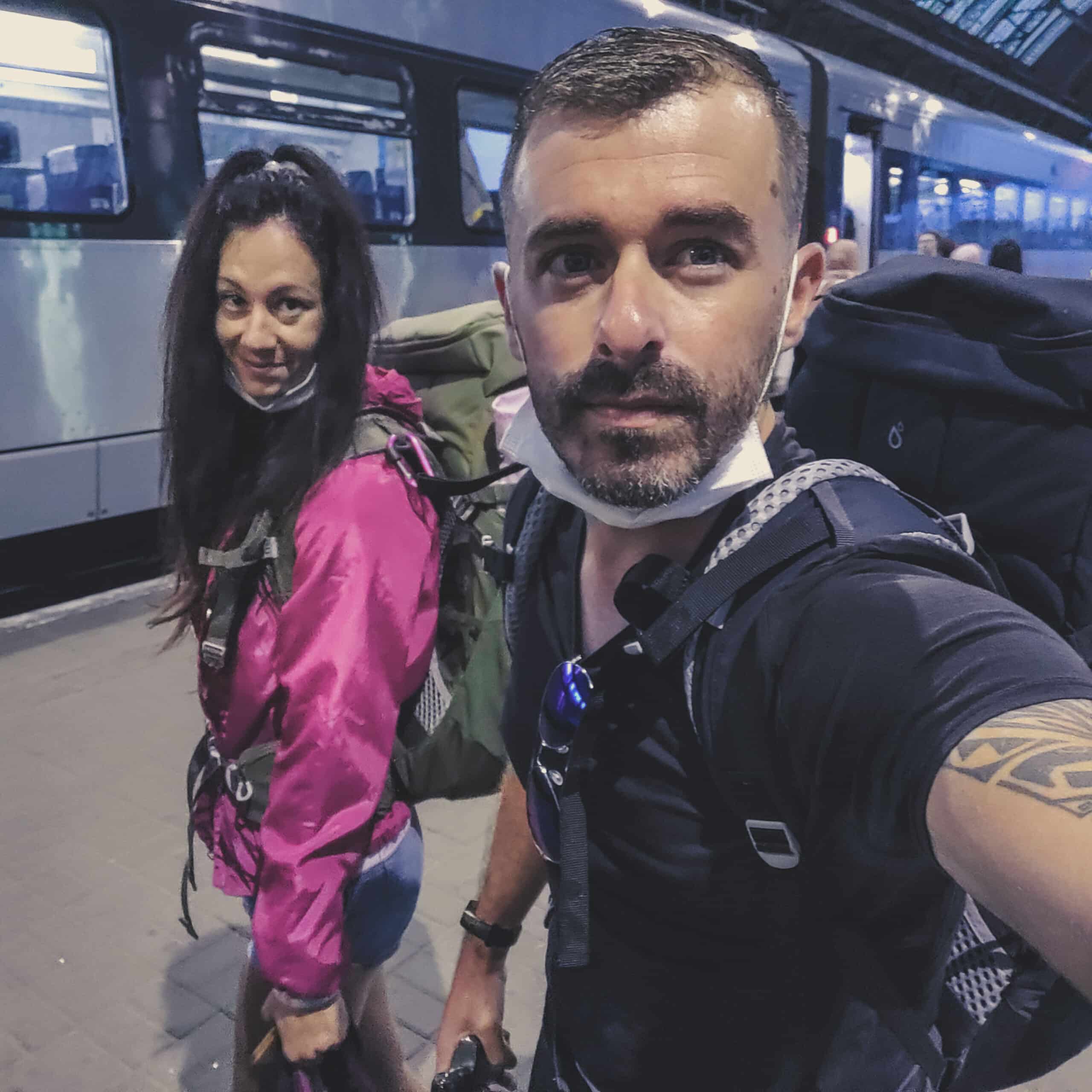 A couple at a train station