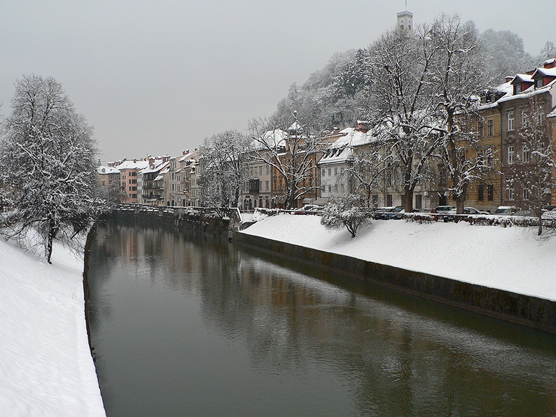 Ljubljanica River Old Town in snow