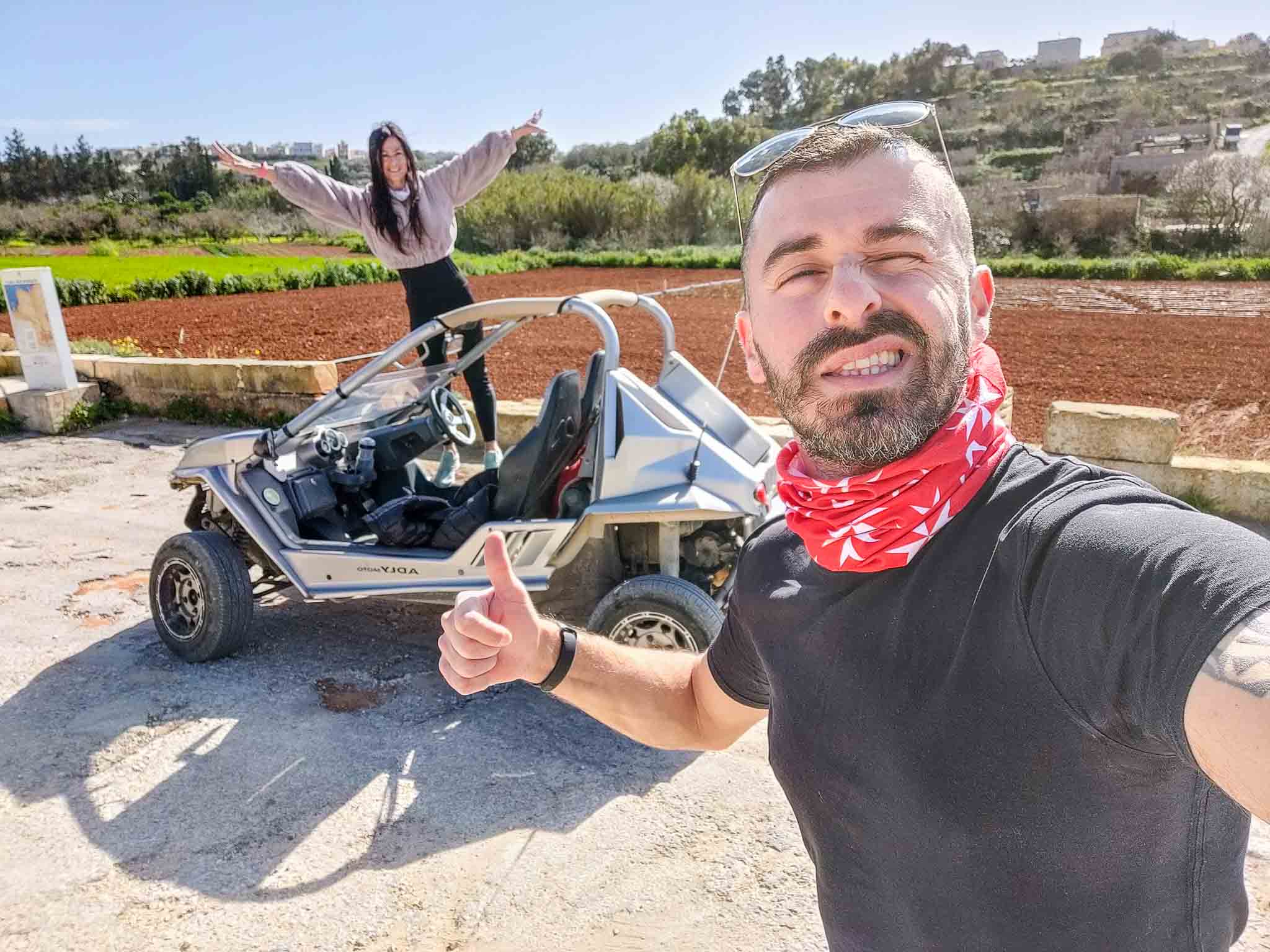 A couple in Gozo on a buggy