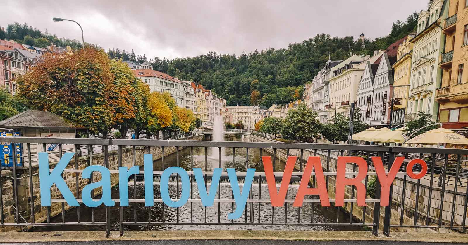 Karlovy Vary sign near buildings